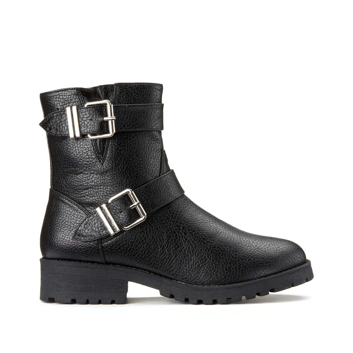 Grained Biker Boots with Twin Straps