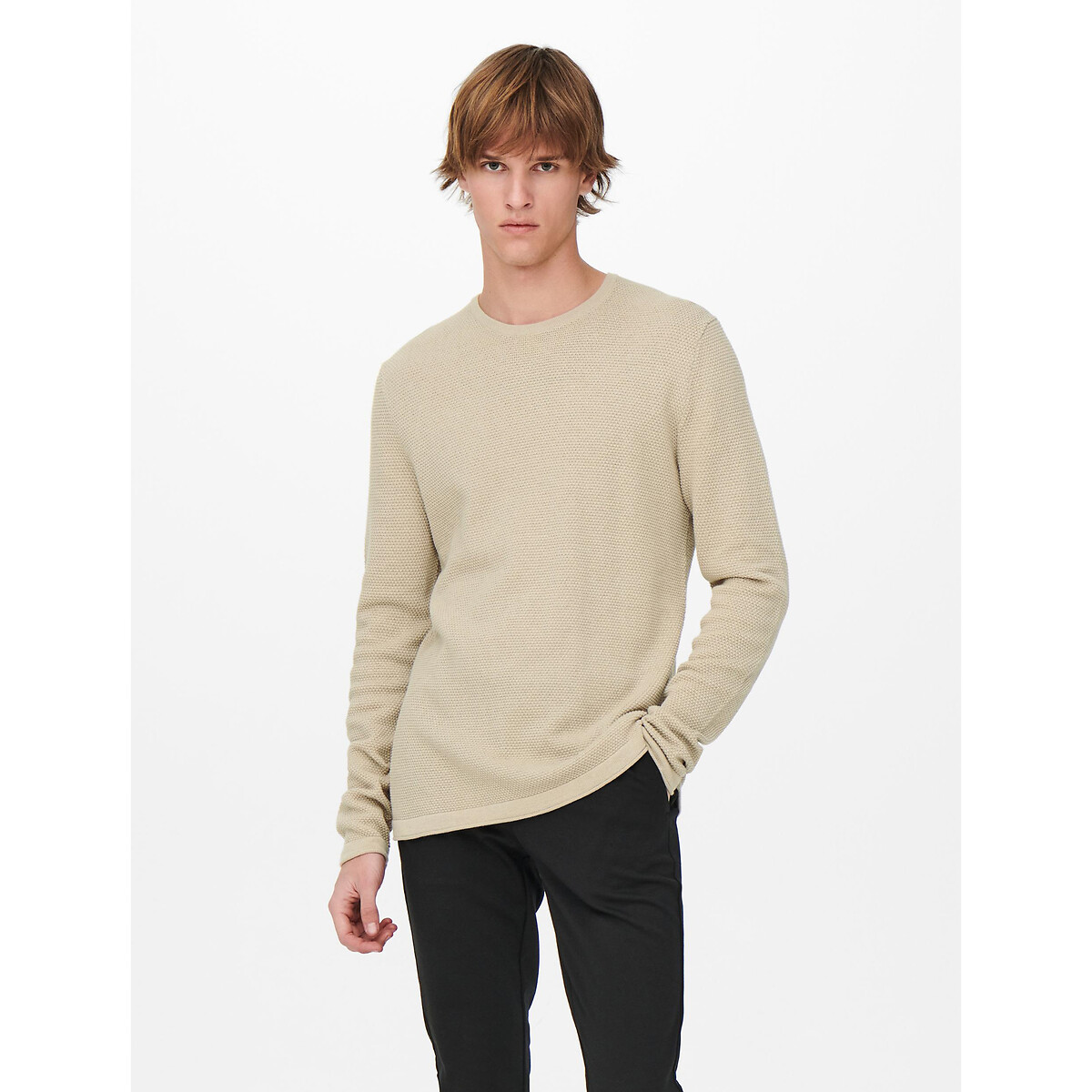 Panter Life Cotton Jumper in Structured Knit with Crew Neck