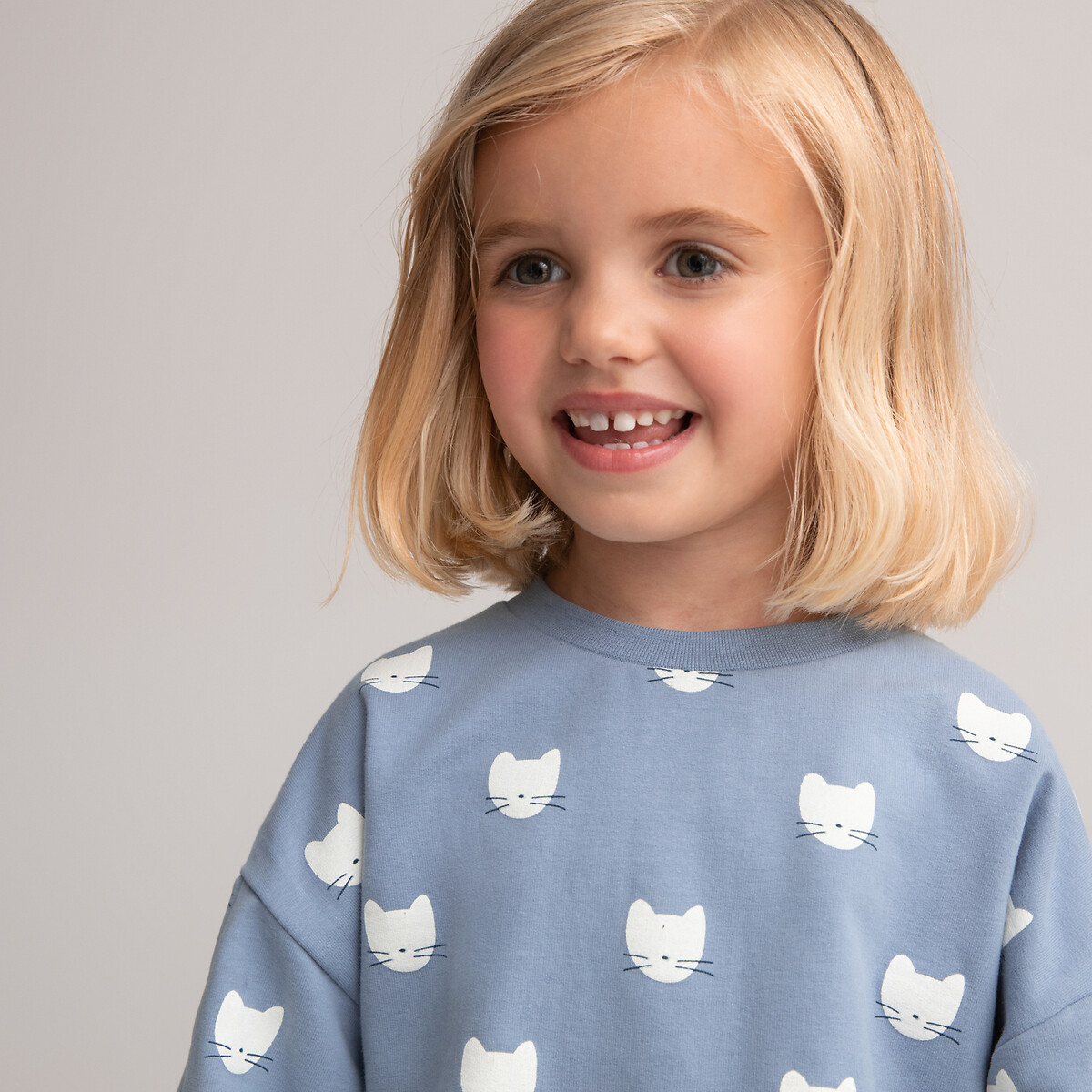 Cat Print Cotton Sweatshirt with Puff Sleeves and Crew Neck