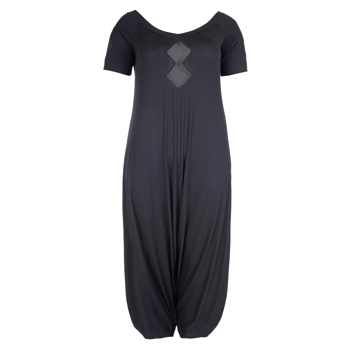 Комбинезон КомбинезонКомбинезон из струящейся ткани MAT FASHION. 97% вискозы, 3% эластана. Широкий покрой, вставки из сетчатого материала сверху. Низ в стиле гарем с потайной застежкой на пуговицы. Короткие рукава. Закругленный вырез .<br><br>Цвет: черный