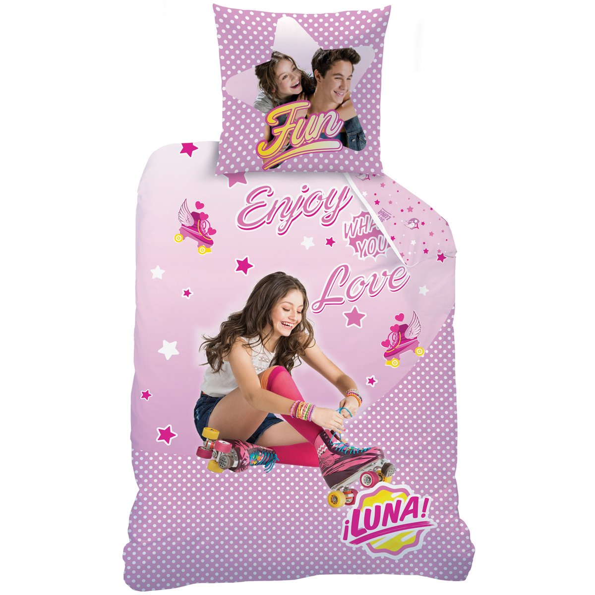 Комплект постельного белья из 100% хлопка, Soy Luna Roller Комплект постельного белья из 100% хлопка, Soy Luna RollerХарактеристики постельного белья Soy Luna Roller : Пододеяльник с набивным рисунком Soy Luna с лицевой стороны и сплошным рисунком звезды с оборотнойРазмер : 140 x 200 см. Клапан для заправки под матрасНаволочка квадратной формы с рисунком с двух сторон.Размер : - 63 x 63 см..100% хлопок, 57 нитей/см? : чем больше нитей/см?, тем выше качество материала.- Стирка при 60°С. Размеры :140 x 200 см : 1-сп Знак Oeko-Tex® гарантирует, что товары прошли проверку и были изготовлены без применения вредных для здоровья человека веществ.<br><br>Цвет: розовый