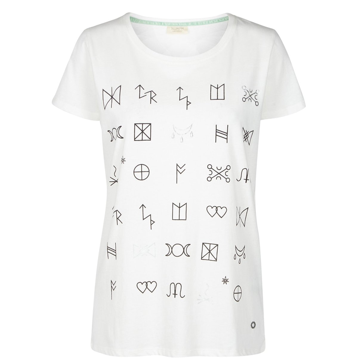 Футболка с рисунком Symbols Футболка с рисунком SymbolsФутболка Symbols. Рисунок в виде символов. Короткие рукава. Круглый вырез. Слегка приталенный покрой. Состав и описаниеМатериал : 100% хлопок Марка : N?mphМодель : SymbolsУходСледуйте рекомендациям по уходу, указанным на этикетке изделия<br><br>Цвет: белый<br>Размер: S