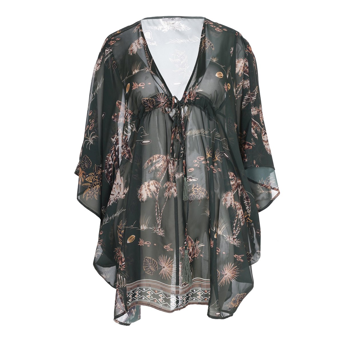 Жакет-кимоно Жакет-кимоноЖакет-кимоно MAT FASHION. 100% полиэстер. Жакет с рисунком. Рукава 3/4 . Застежка на завязки с кисточками.<br><br>Цвет: рисунок/зеленый