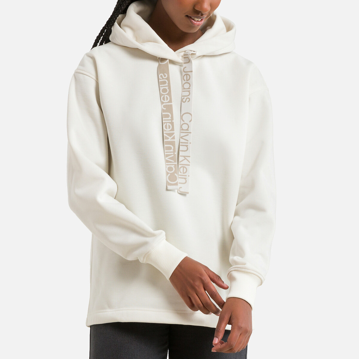 Oversized Hoodie with Logo Print Drawcord