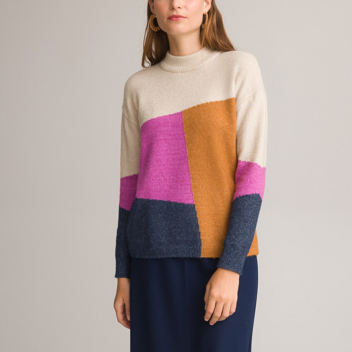 Recycled Colour Block Jumper with Mock Neck