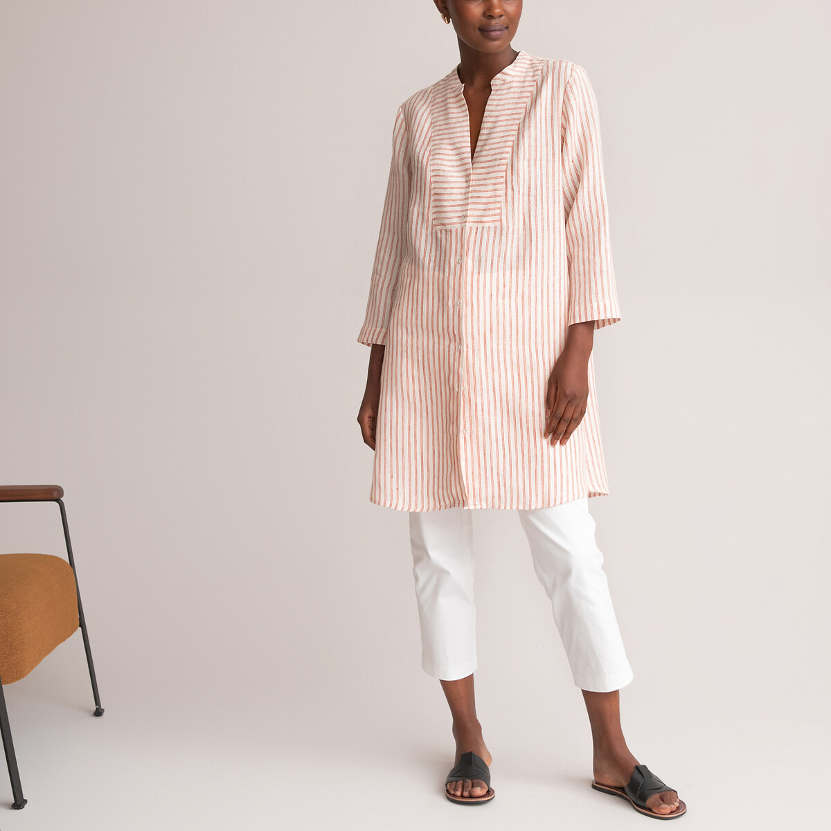 Striped Linen Tunic with a Grandad Collar and 3/4 Length Sleeves