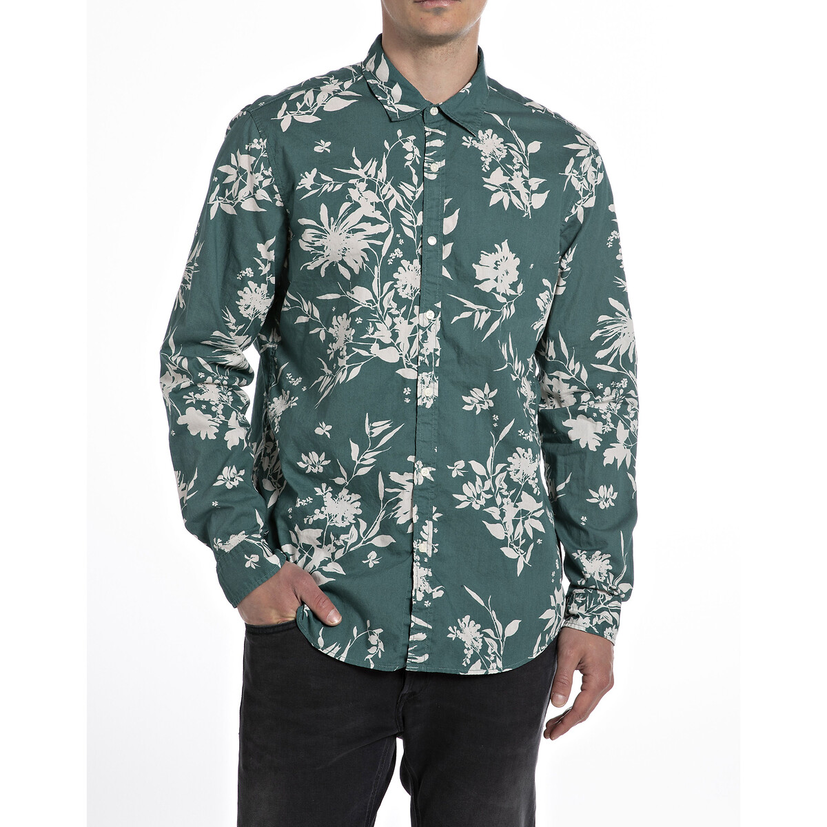 Floral/Leaf Print Shirt in Cotton and Regular Fit with Long Sleeves