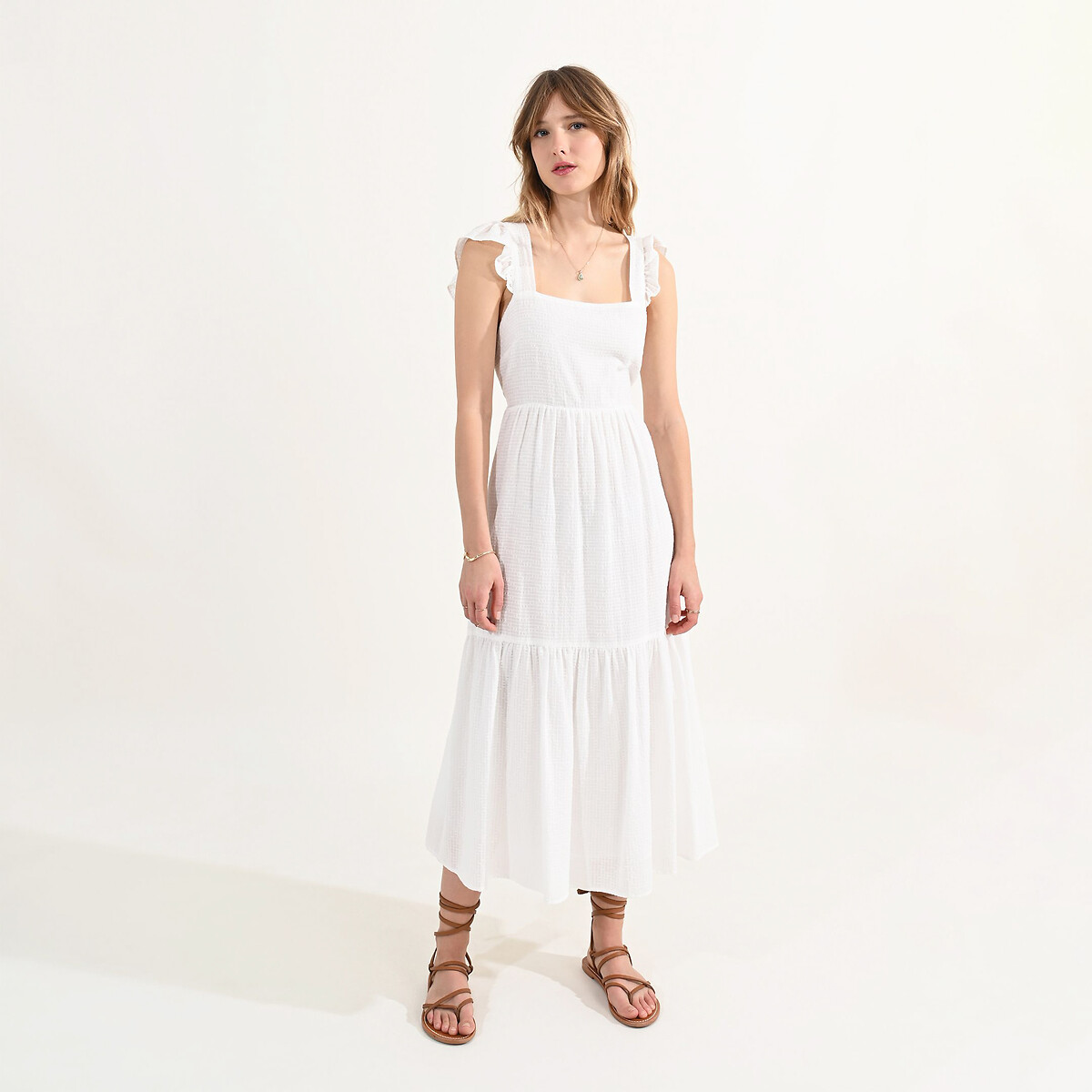 Cotton Tiered Midaxi Dress with Open Back