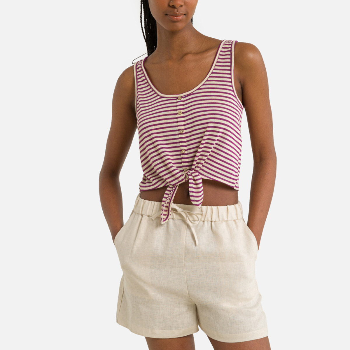 Striped Cropped T-Shirt with Tie-Hem