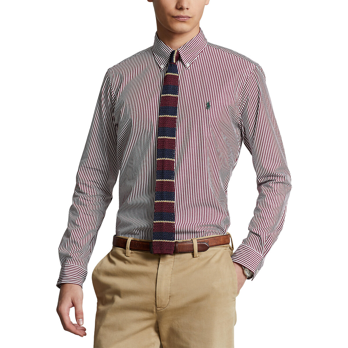 Striped Cotton Shirt with Embroidered Logo in Slim Fit