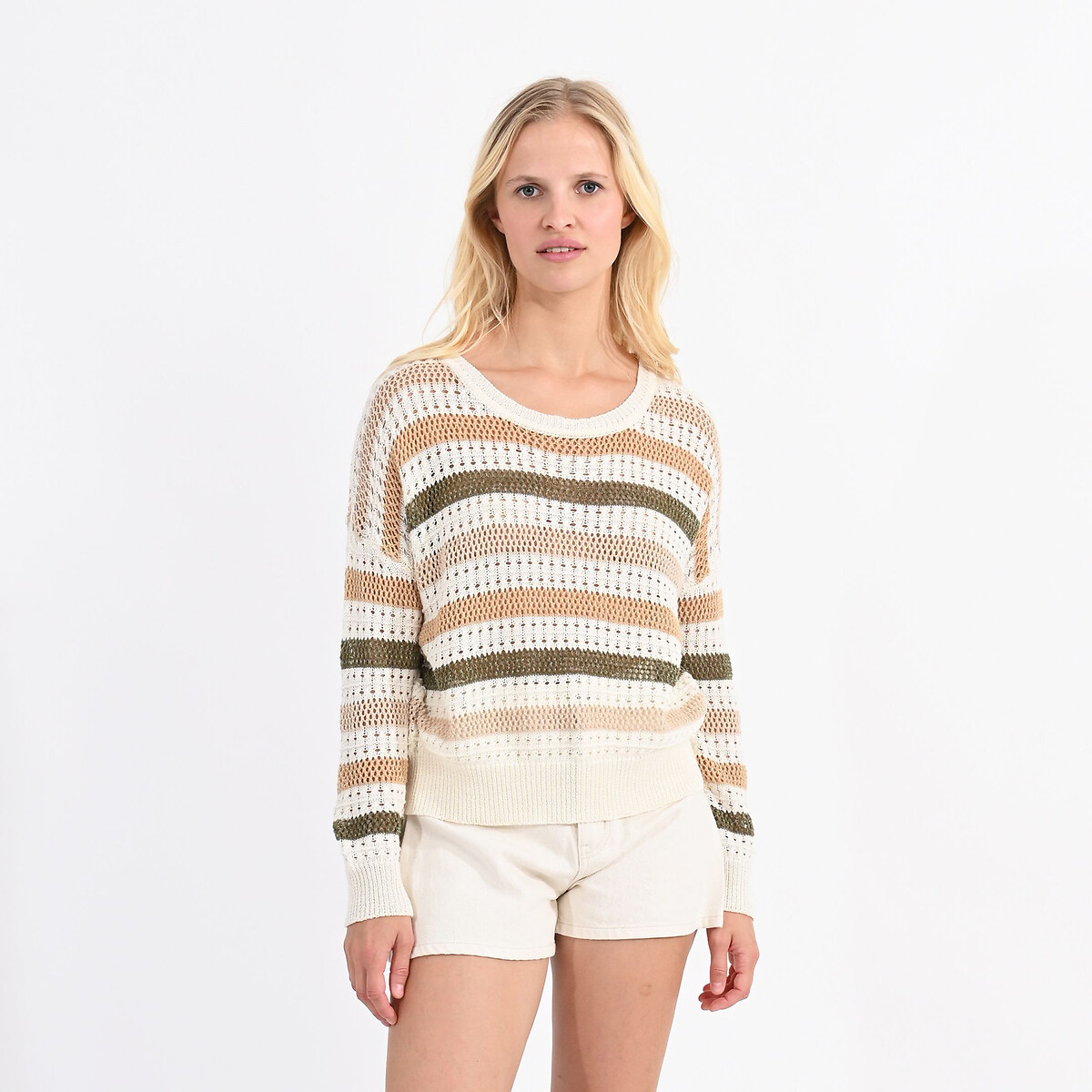 Striped Openwork Knit Jumper with Crew Neck in Cotton Mix