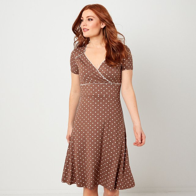 Polka Dot Knee Length Dress With Wrapover Neck And Short Sleeves