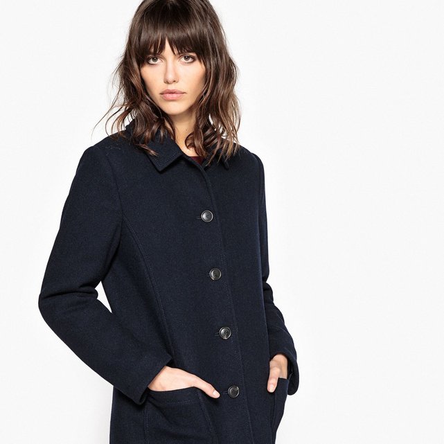 Manteau Droit En Drap De Laine Bleu Nuit La Redoute Collections La