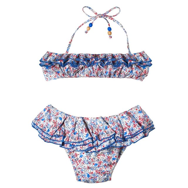 Maillot de bain bikini 2 pièces à volants imprimé coquillages bleu La