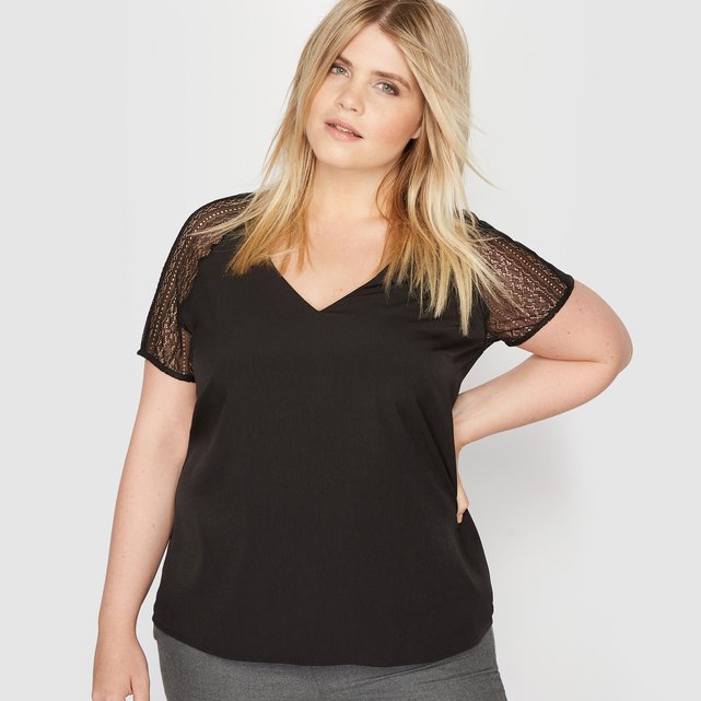 Dual Fabric Blouse with Lace Short Sleeves Dual Fabric Blouse with Lace Short Sleeves
