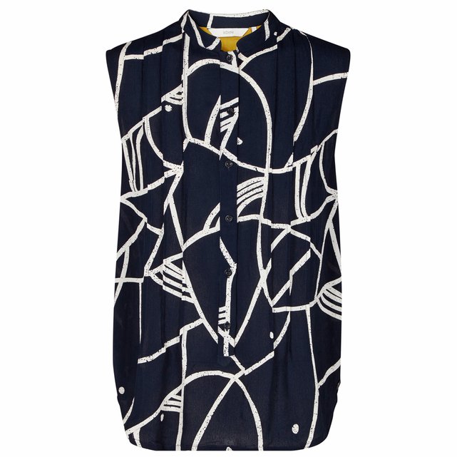 Sleeveless Printed Blouse with Grandad Collar Sleeveless Printed Blouse with Grandad Collar