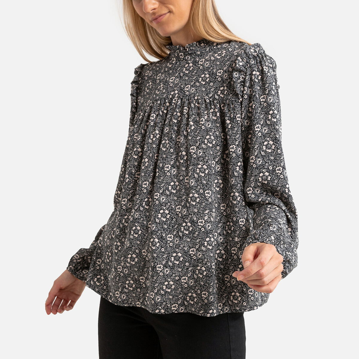 High Neck Ruffled Blouse with Long Sleeves