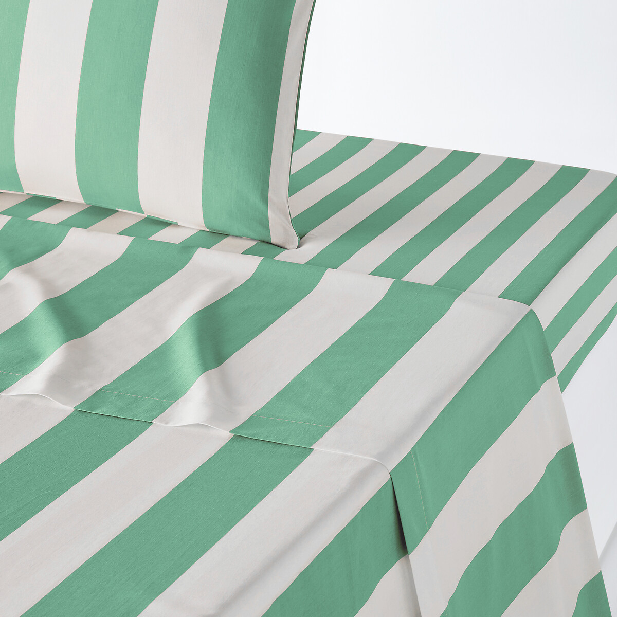 Hendaye Green Striped 100% Cotton Flat Sheet