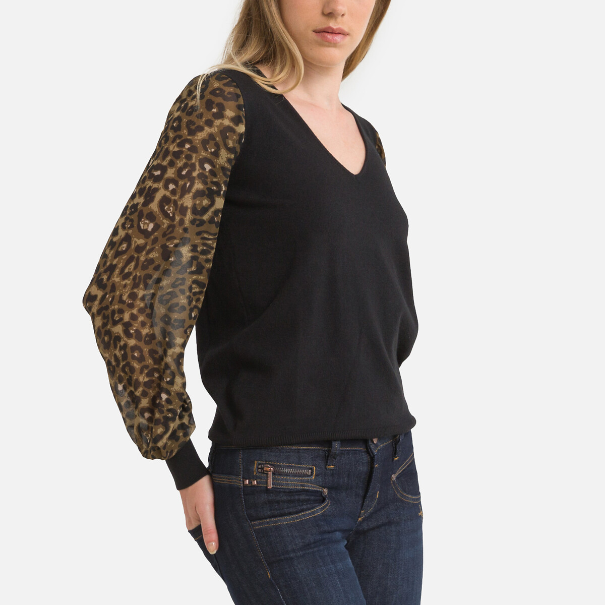 V-Neck Jumper with Leopard Print Sleeves