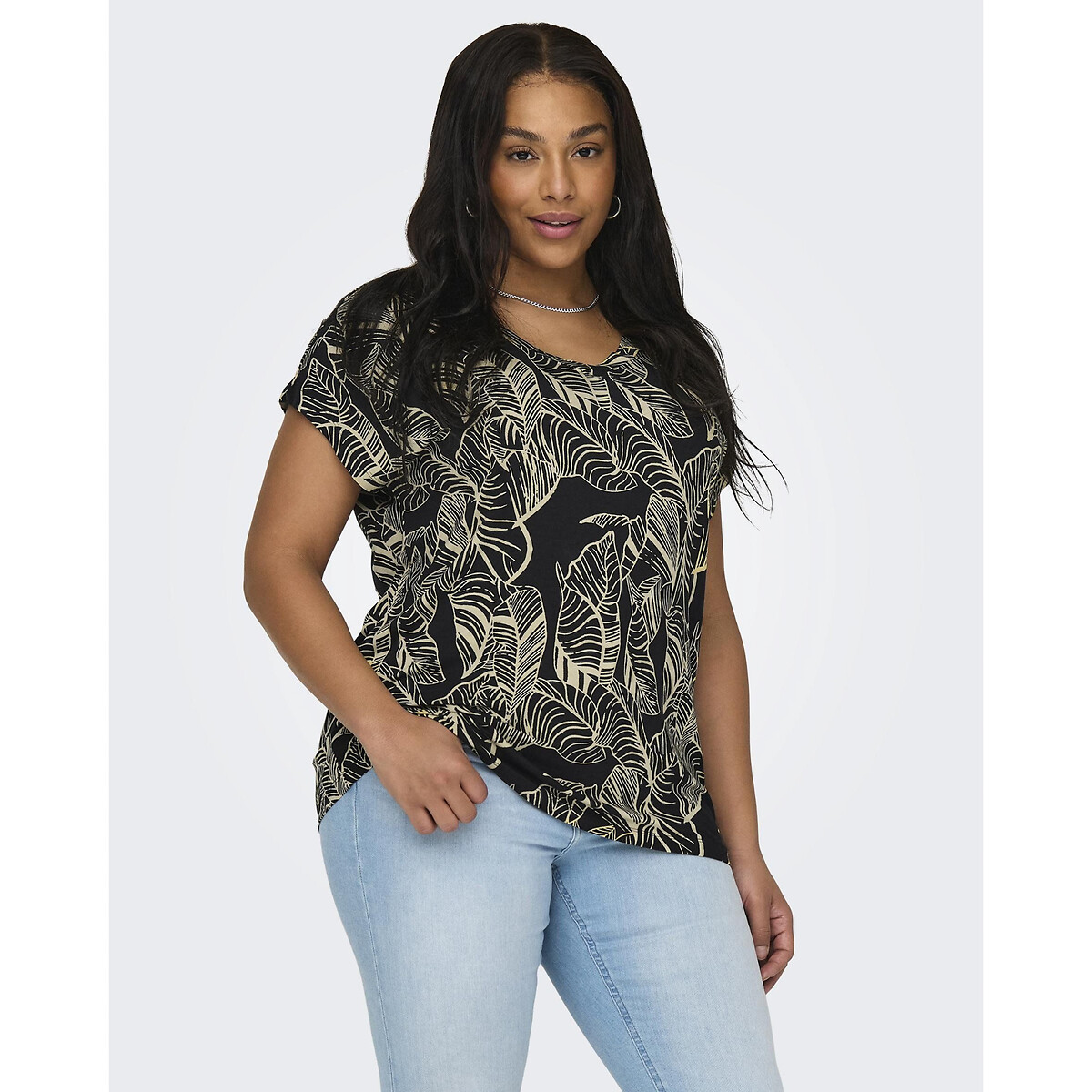Printed V-Neck Blouse with Short Sleeves