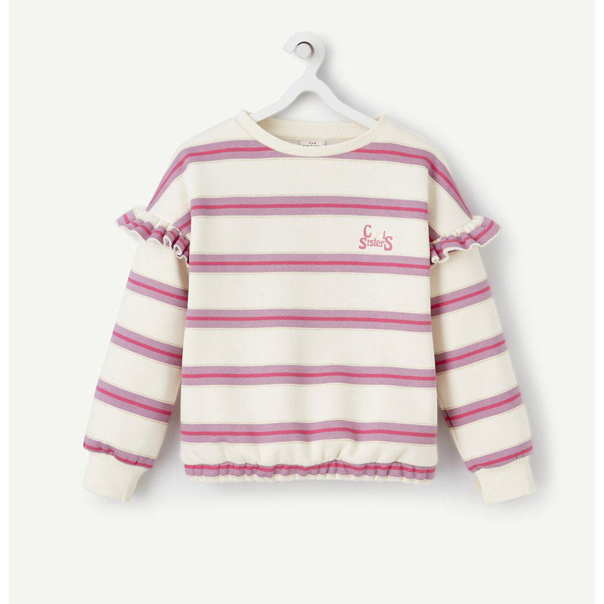 Striped Cotton Mix Sweatshirt with Ruffles and Crew Neck