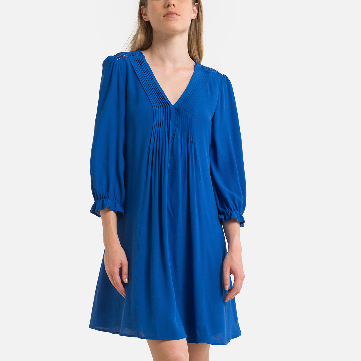 Pleated Mini Dress with V-Neck and 3/4 Length Sleeves
