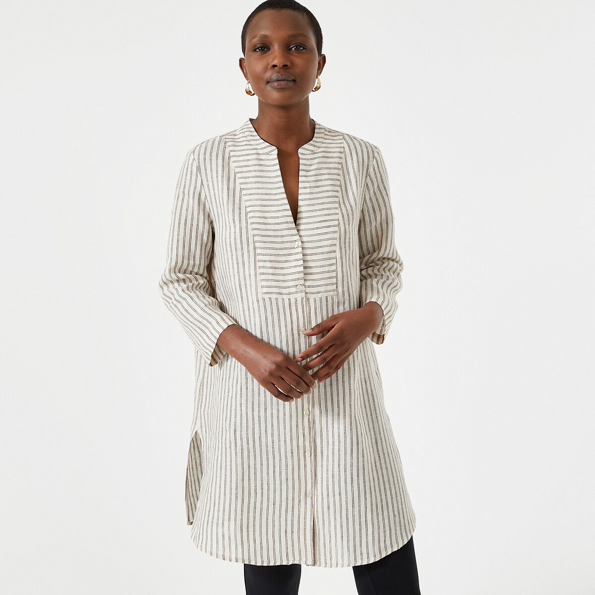 Striped Linen Tunic with Grandad Collar and 3/4 Length Sleeves
