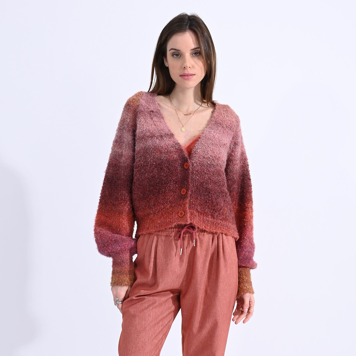 Cropped Marl Knit Cardigan with Puff Sleeves