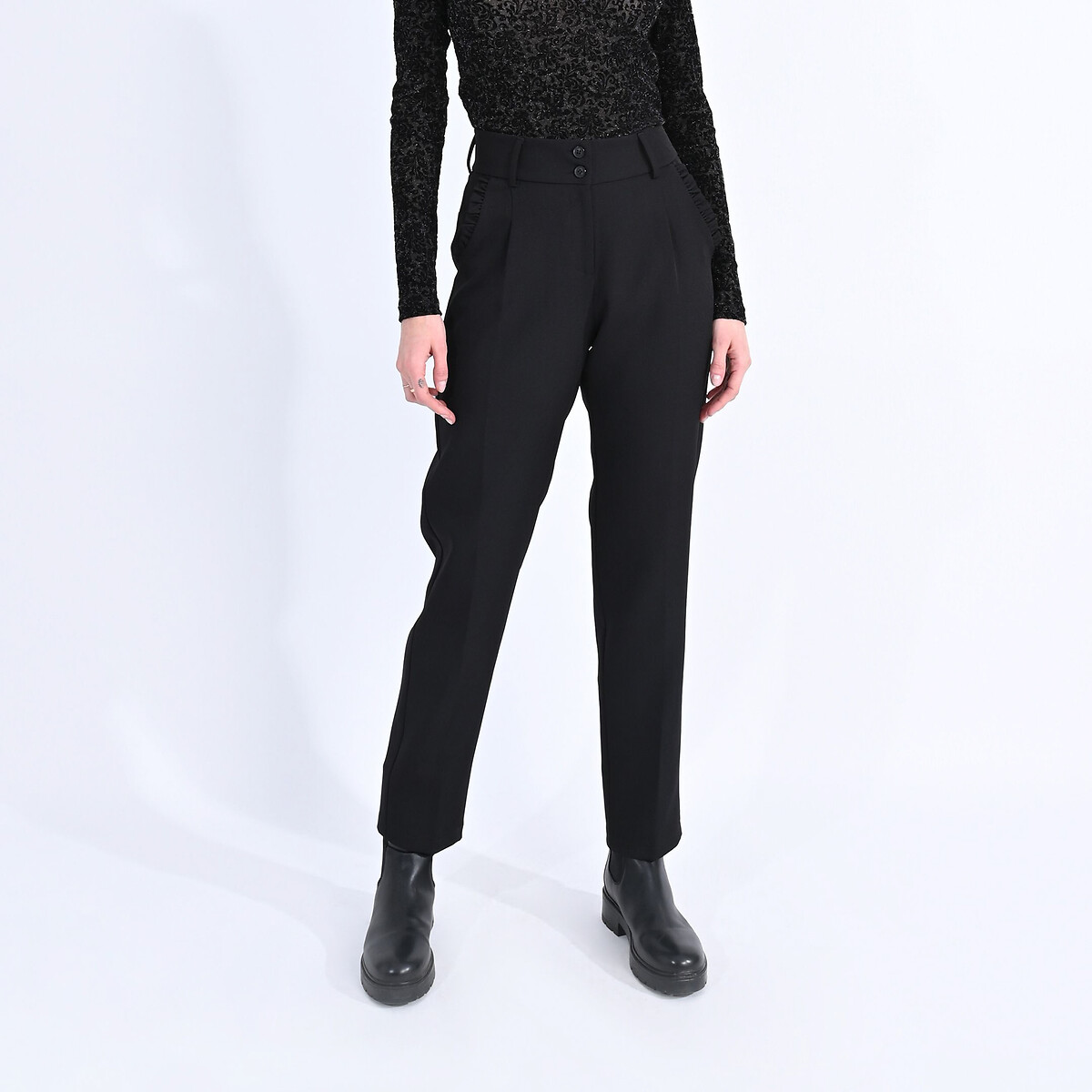 High Waist Straight Trousers with Gathered Pockets