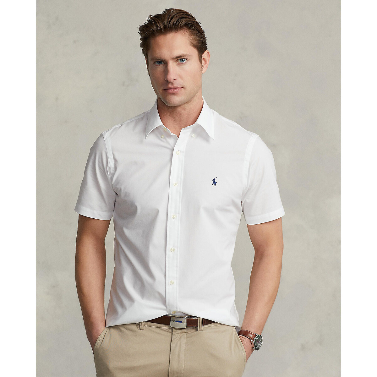 Stretch Cotton Poplin Shirt in Slim Fit with Short Sleeves