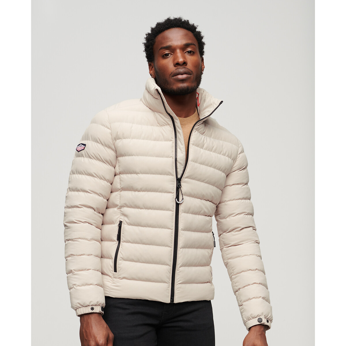 Short Padded Jacket with High Neck in Cotton Mix, Mid-Season