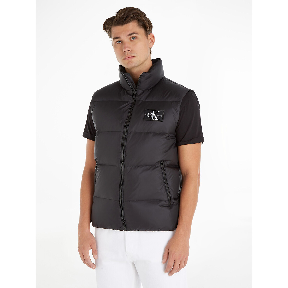 Short Mid-Season Padded Gilet with Embroidered Logo and High Neck
