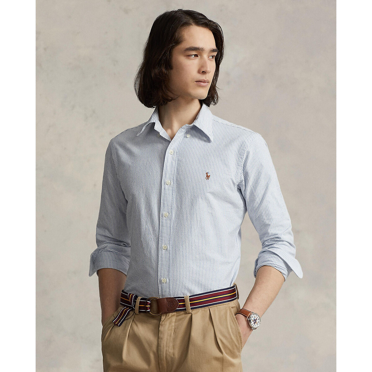 Camicia Dritta Custom Fit In Oxford A Righe Bianco Blu Polo Ralph