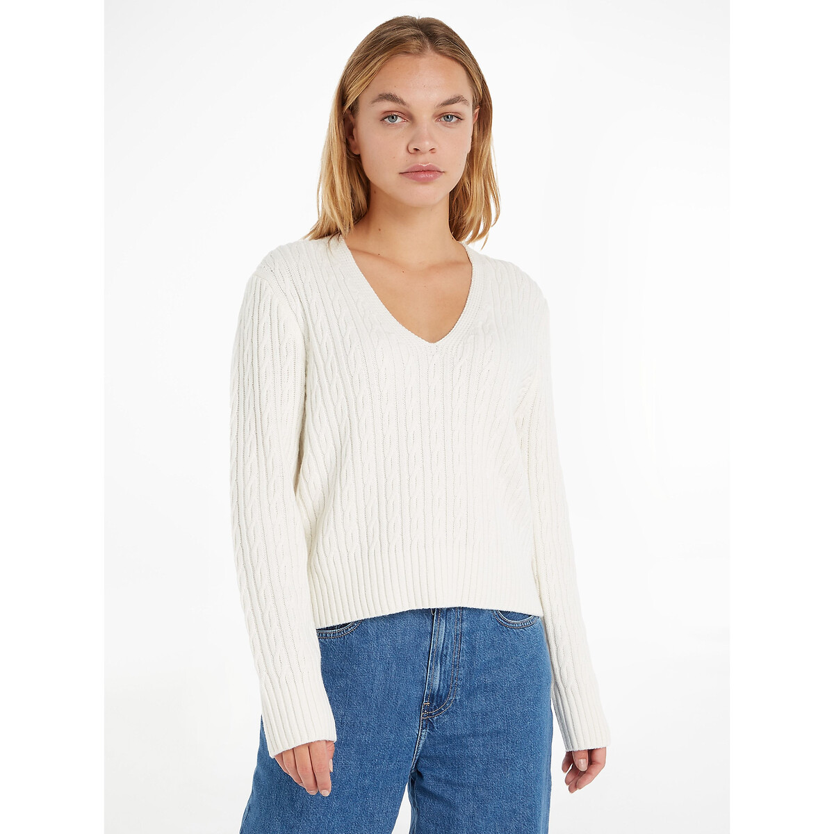 Cotton Mix Jumper in Cable Knit with V-Neck