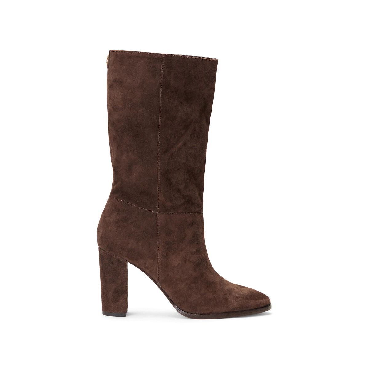 Pull-On Calf Boots in Suede with Pointed Toe and Block Heel