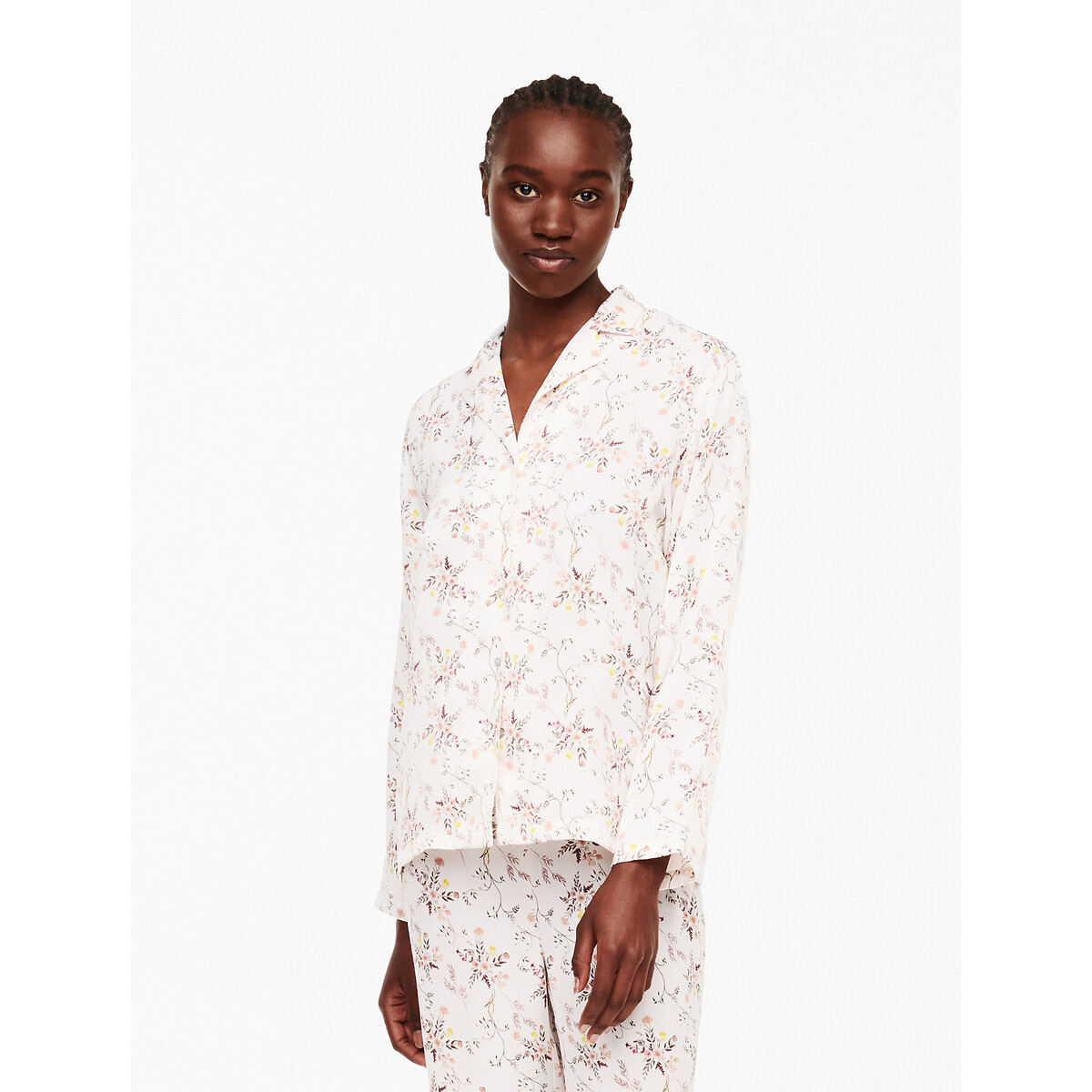 Mel Satin Loungewear Shirt in Floral Print with Long Sleeves