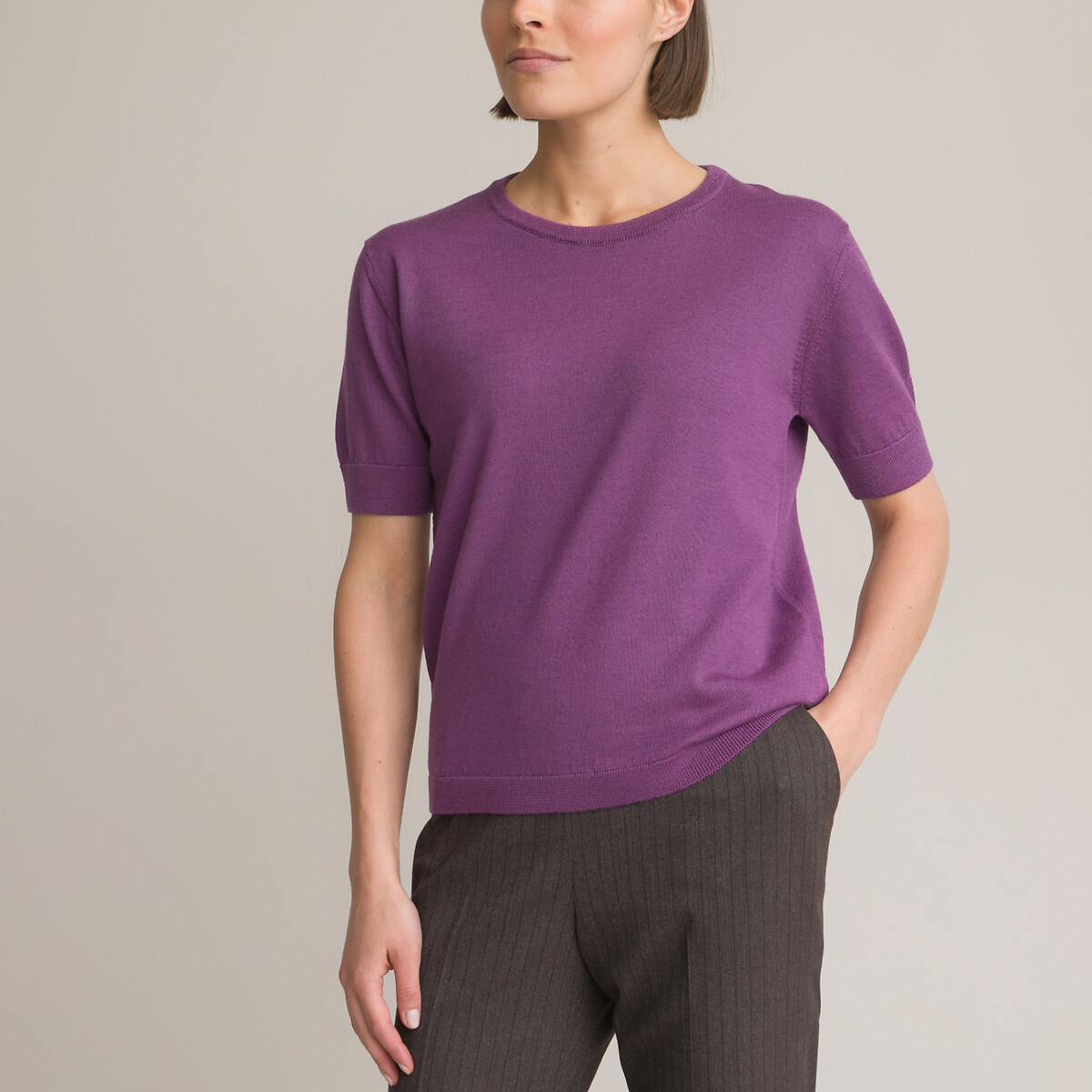 Wool Mix Jumper with Short Sleeves and Crew Neck