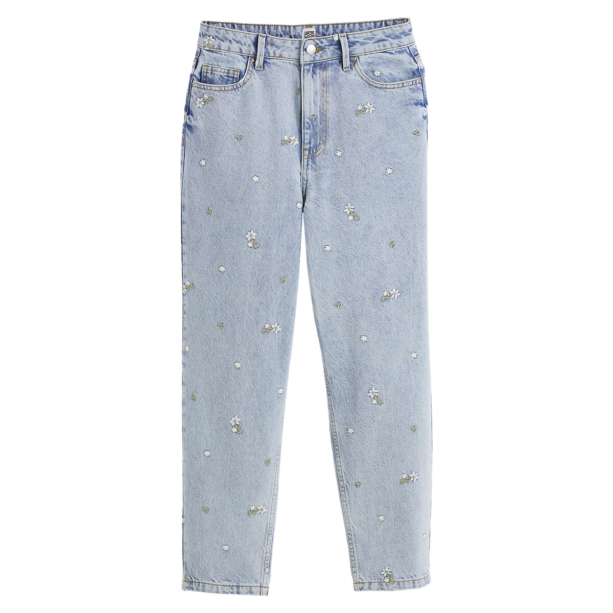 Embroidered Flower Mom Jeans with High Waist, Length 26"