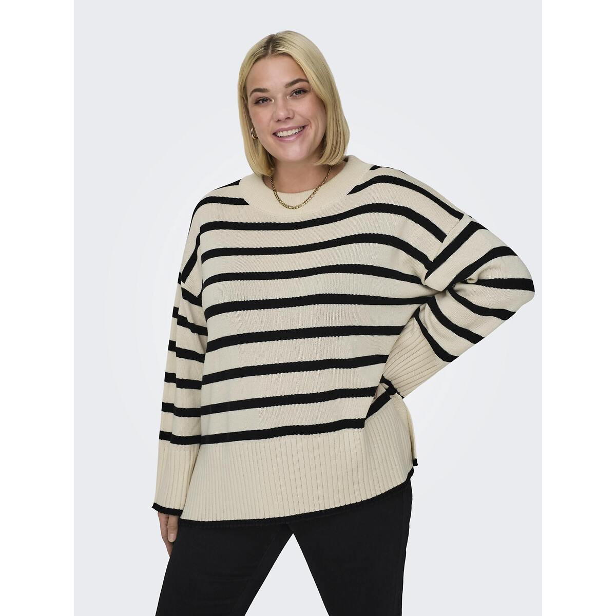 Striped Cotton Mix Jumper with Crew Neck