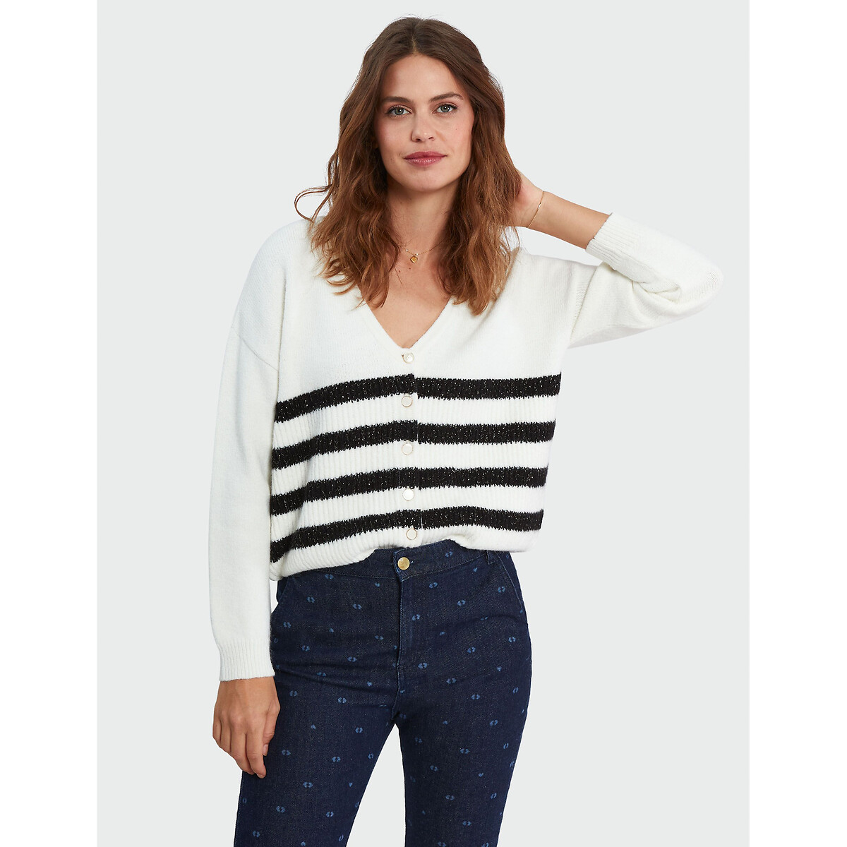 Striped Buttoned Cardigan with V-Neck