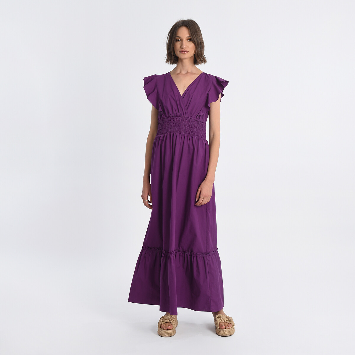 Tiered Cotton Maxi Dress with Ruffles and Short Sleeves