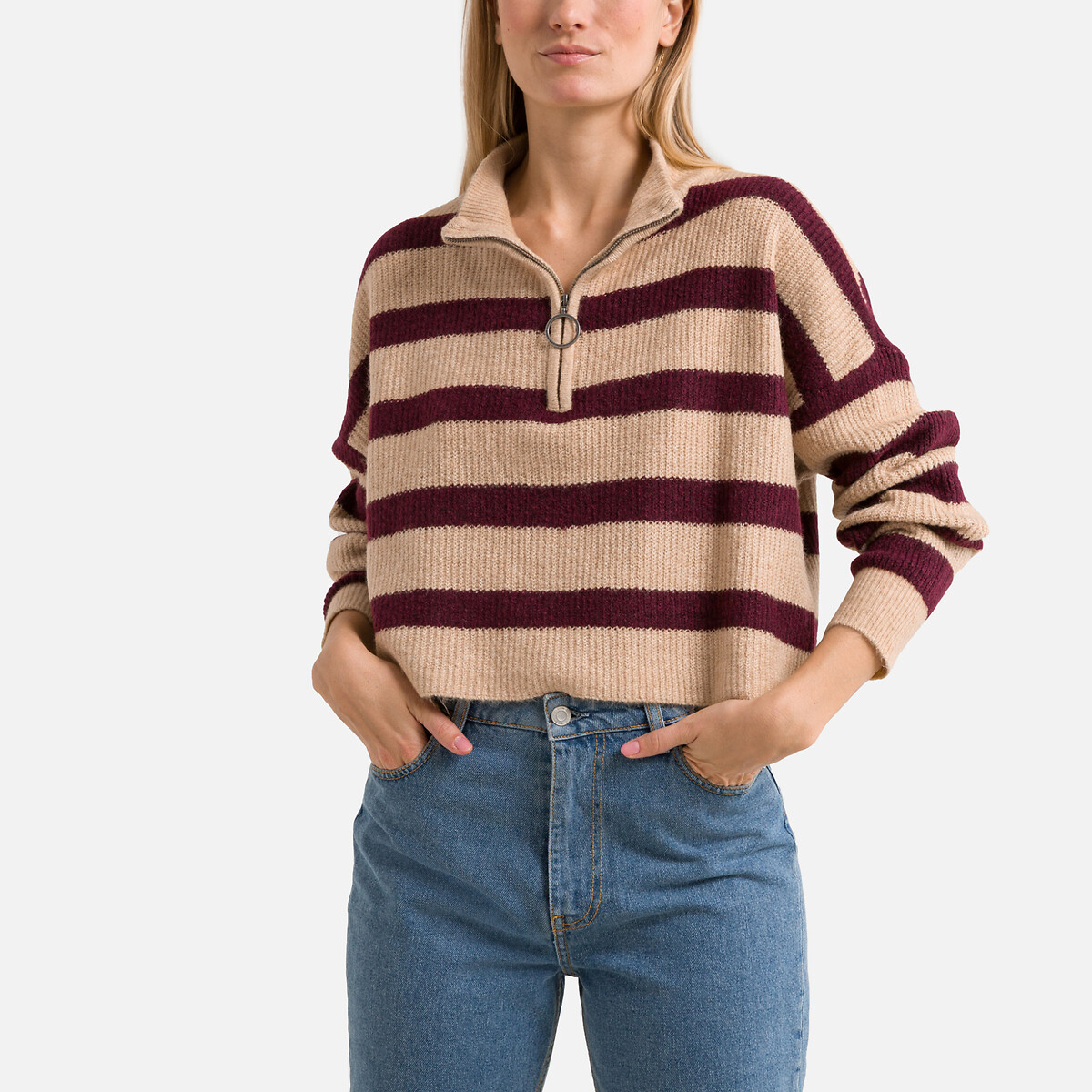 Striped Chunky Knit Jumper with High Neck with Half Zip