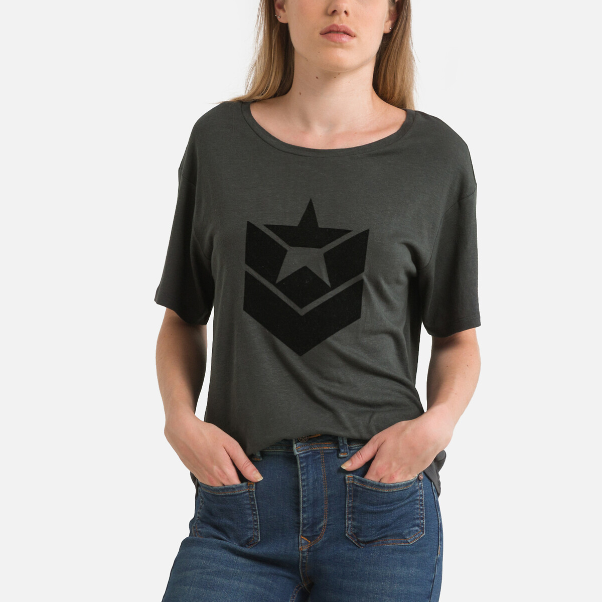 Logo Print T-Shirt in Linen Mix with Short Sleeves