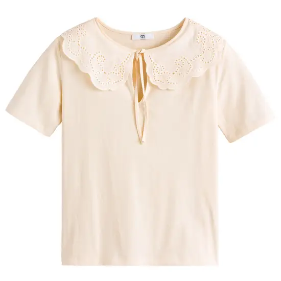 Cotton Short Sleeve T-Shirt with Peter Pan Collar