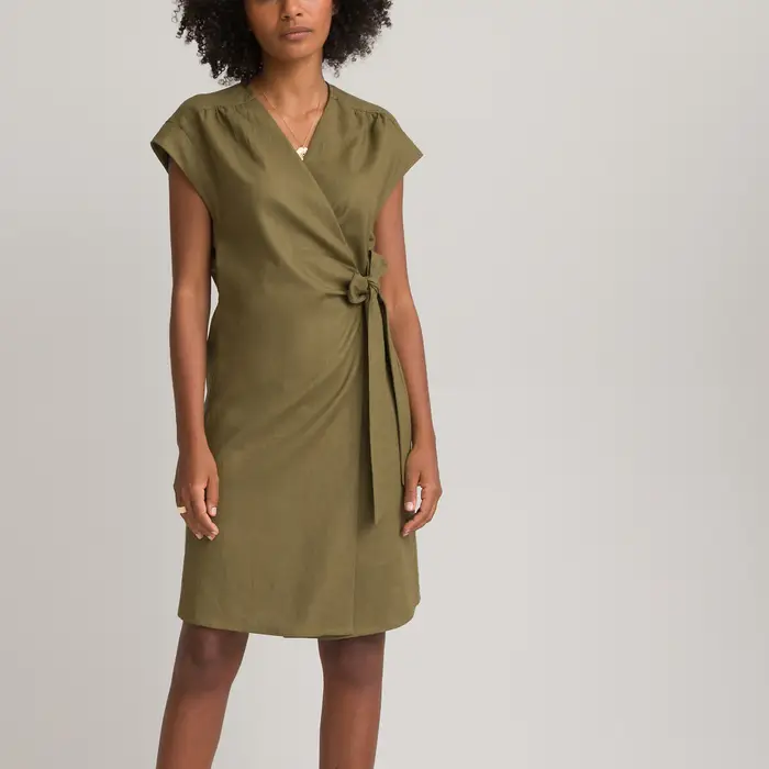 Linen Mix Wrapover Dress with Short Sleeves