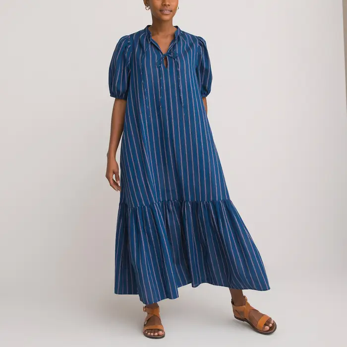Cotton Tiered Midaxi Dress in Striped Print with Short Puff Sleeves