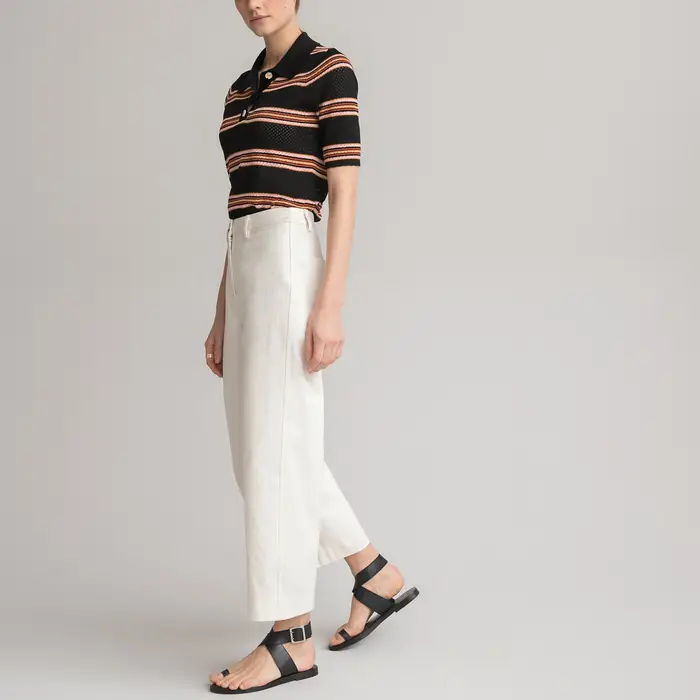 Cotton Wide Leg Cropped Trousers with High Waist