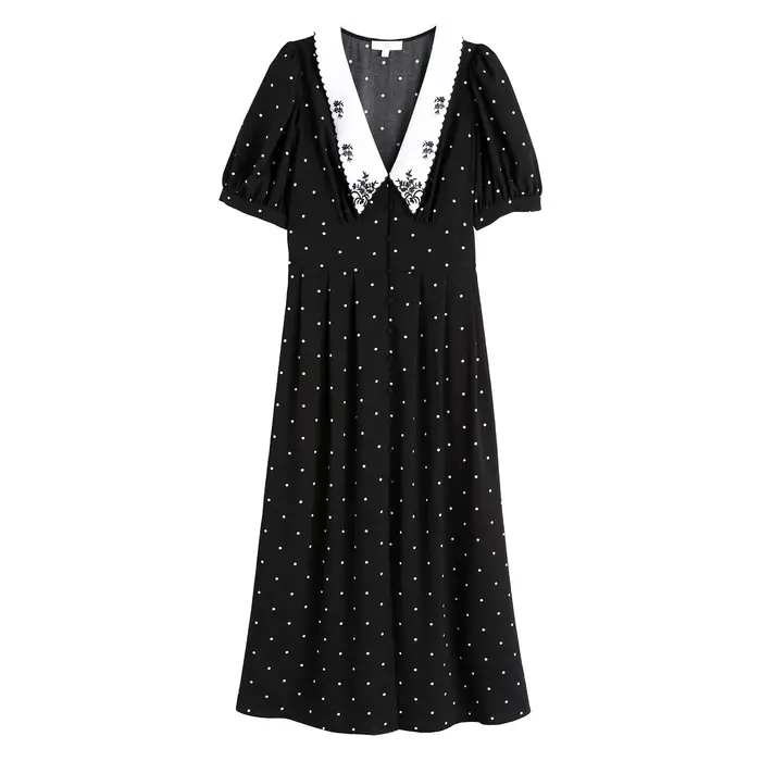 Recycled Polka Dot Dress with Embroidered Peter Pan Collar and Puff Sleeves