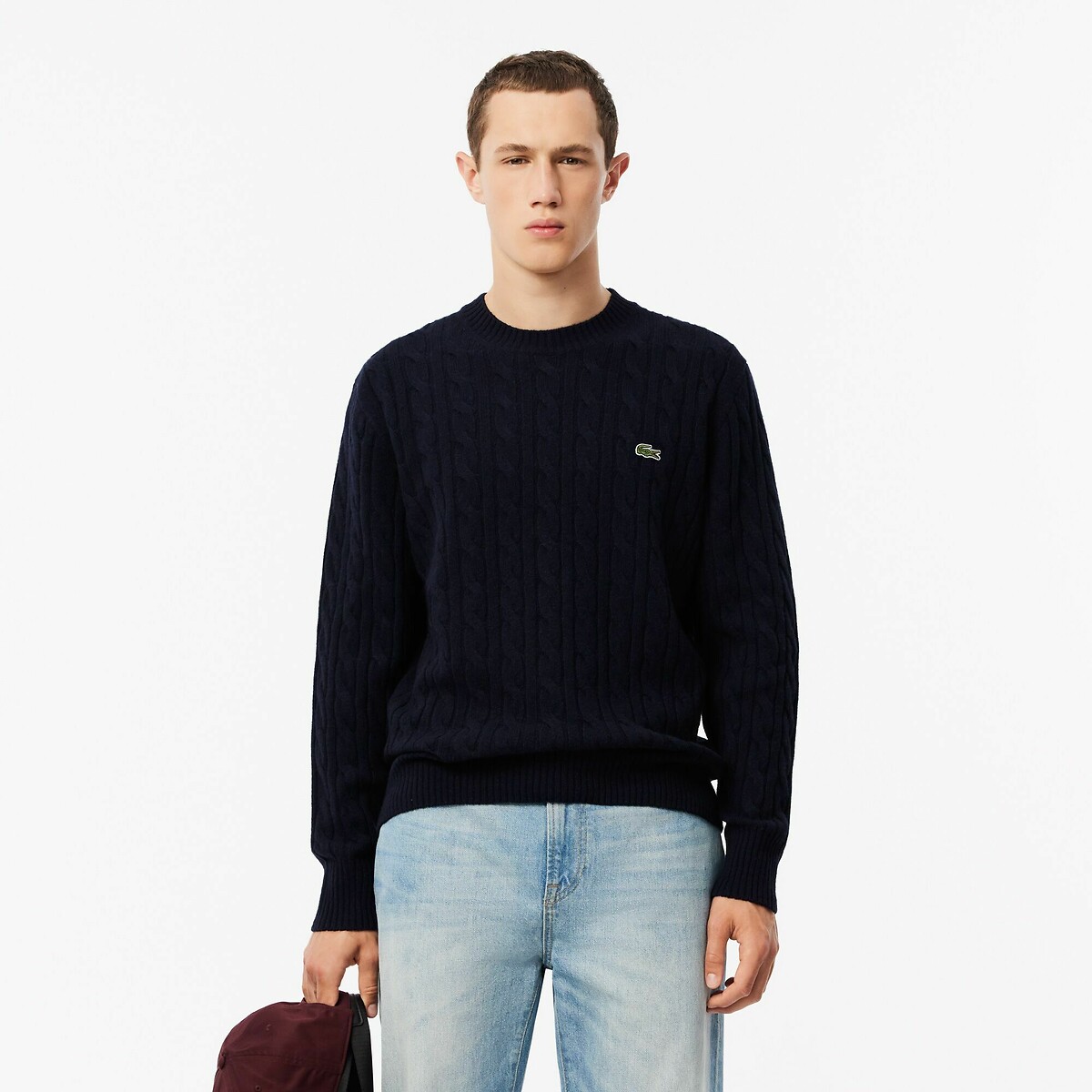 Cable Knit Jumper in Carded Wool with Crew Neck