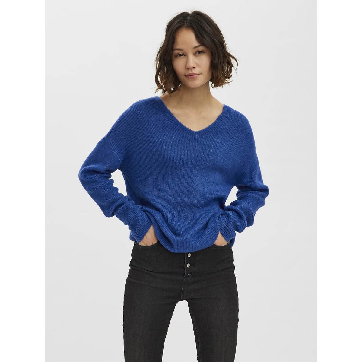 Vero Moda Women's Royal Blue Textured Knit Jumper With V-Neck Medium